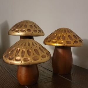 Gold and Brown Wooden Mushroom Decor Set - 3 piece